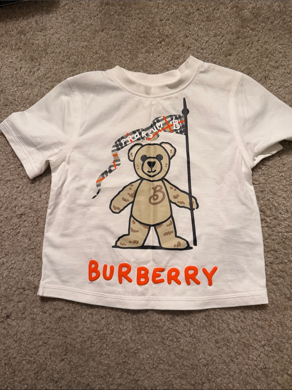 Burberry White Tee with Beige Bear and Orange Logo